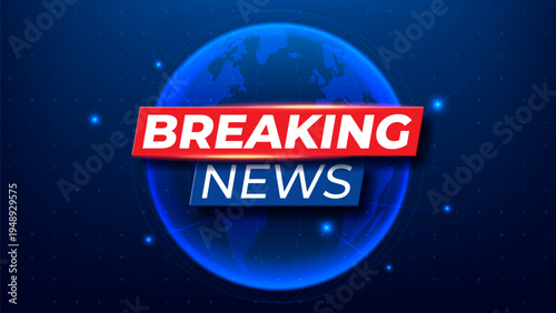 Bright Breaking News vector concept. Blue background with world globe and light rays. Perfect for broadcast channels, live internet TV, and global news background designs.