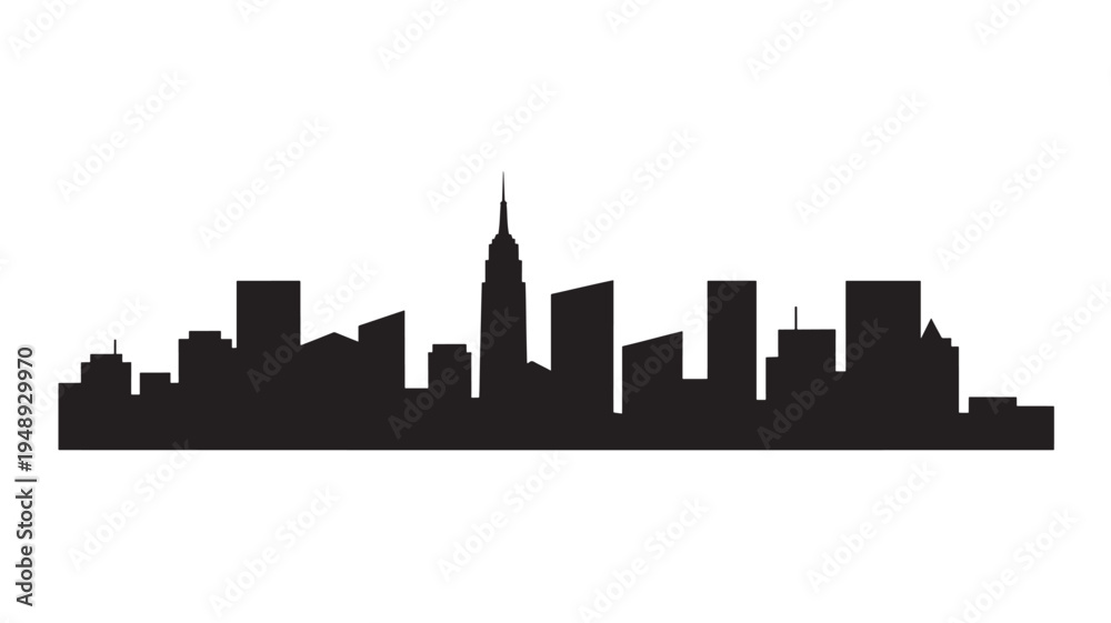 Fototapeta premium City skyline silhouette with diverse buildings, including a prominent spire, creating an urban landscape against a white background.