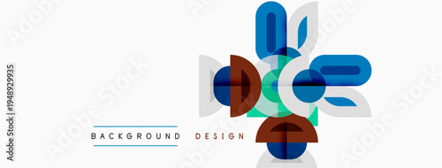 Abstract geometric shapes overlap, creating modern design. Blue, red, green hues dominate neutral background. Minimalist style.