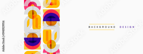 Abstract geometric shapes repeat vertically. Vivid colors create modern design. White space balances composition. Simple, clean aesthetic.