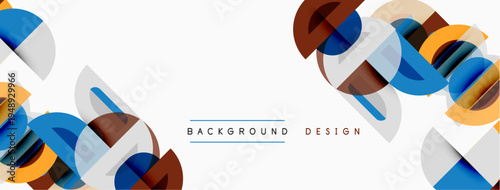 Abstract geometric shapes overlap, creating dynamic visual texture. Blue, orange, brown hues dominate white space. Minimalist design elements present.