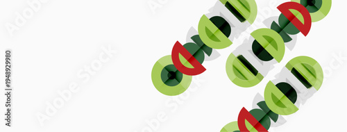 Abstract graphic design features repeating letterforms. Green, red hues create dynamic visual pattern. Simple shapes, clean lines dominate composition.