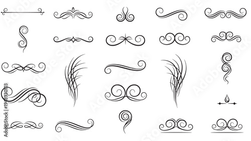Ornate decorative flourish elements collection with swirling lines and classic vintage accents for design
