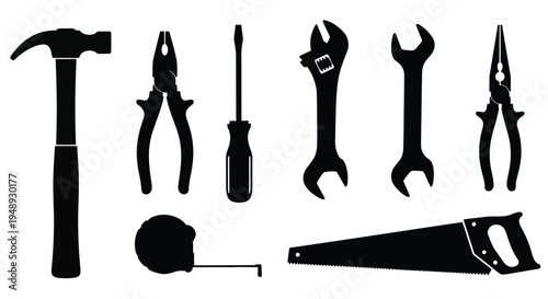 Black silhouettes of various hand tools arranged on a white background silhouette