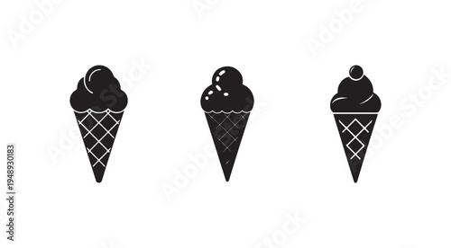 Black and white illustration of three ice cream cones with different toppings on white background