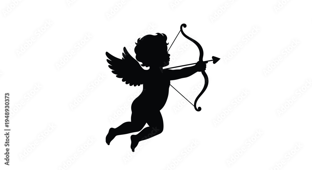 Fototapeta premium A black silhouette of cupid with bow and arrow flying gracefully silhouette
