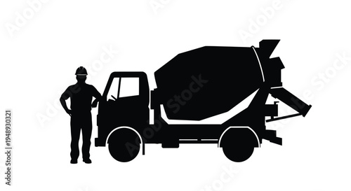 Construction worker stands beside a concrete mixer truck silhouette