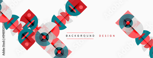 Abstract geometric pattern. Overlapping squares, circles create dynamic visual texture. Red, teal, gray hues dominate design.