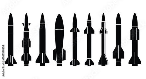 Collection of various missile designs presented in stark silhouette