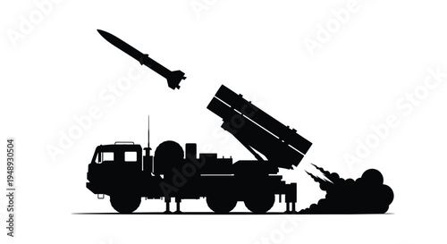 Military missile launcher firing with smoke a stark black silhouette