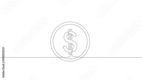 Coin with dollar sign graphic with thin black outline on a white background, symbolizing currency and finance