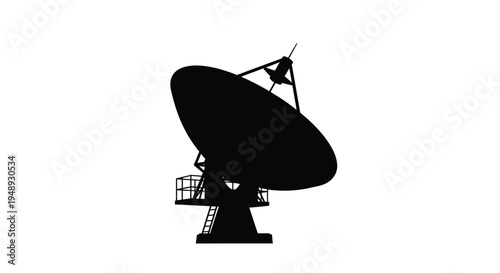 A black silhouette of a large satellite dish against a white background