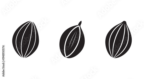Black and white illustration of three melons or gourds with white stripes on a white background