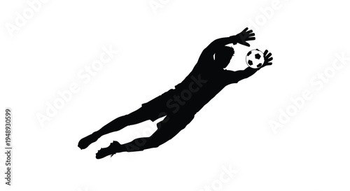 A dynamic soccer goalkeeper makes a leaping save stark silhouette