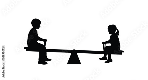 Two children playing on a seesaw a simple black silhouette