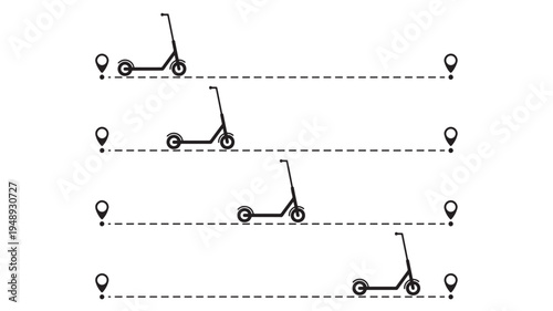 Scooters with location pins on dashed lines illustrating travel routes and destinations in a minimalist icon set.
