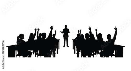 Classroom scene with a teacher and students raising hands silhouette