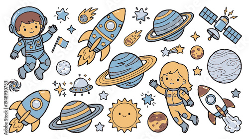 Cute astronauts explore space with rockets planets and satellites in a whimsical illustration for kids