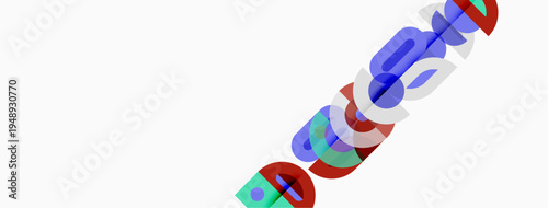 Abstract colorful design. Overlapping shapes create dynamic visual effect. Minimalist composition, modern aesthetic. Bright hues present.