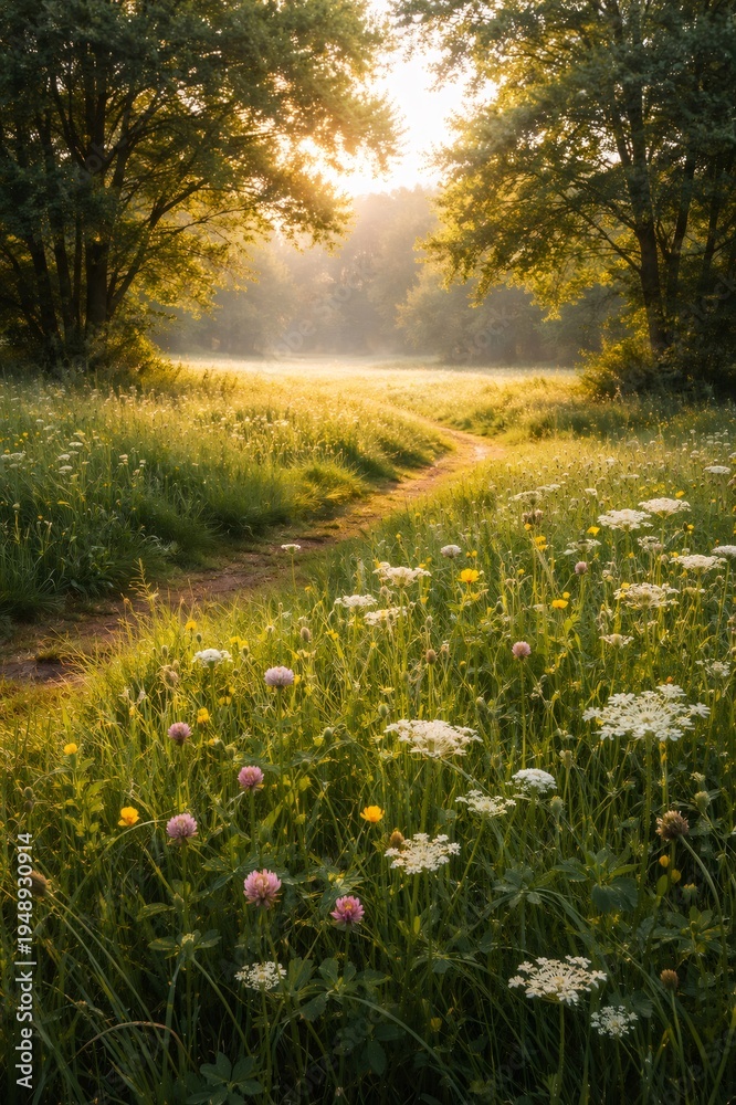 Fototapeta premium Winding path leading through a vibrant green meadow filled with wildflowers, bathed in the soft, warm light of a misty morning sunrise, creating a serene and inviting natural landscape