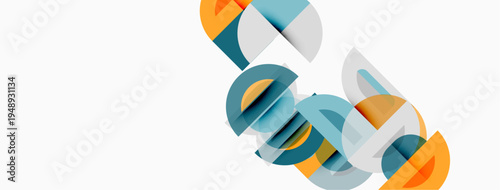 Abstract geometric shapes overlap, creating dynamic composition. Orange, teal, gray hues dominate minimalist design. Clean lines suggest movement.