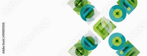 Abstract geometric shapes, green hues dominate. Diagonal arrangement creates dynamic visual effect. Minimalist design, clean aesthetic.