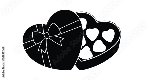 Open heart shaped chocolate box with ribbon a striking silhouette
