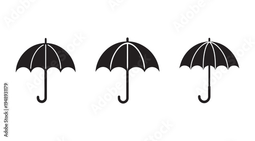 Black and white illustration of three umbrellas with different handle and tip designs on white background  simple iconic representations of protection from rain or sun