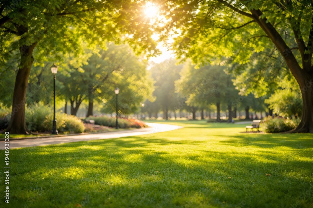 Fototapeta premium Lush green grass covering a public park lawn, illuminated by warm sunlight filtering through overhead trees, creating a peaceful and inviting outdoor environment