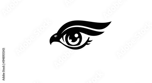 Black graphic illustration of an eye with a bird's beak on a white background.