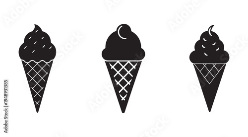 Black and white illustrations of ice cream cones with different scoops on white background