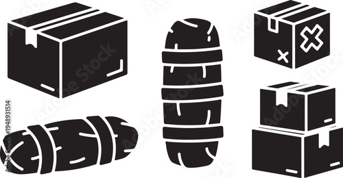Black and white illustration of wrapped packages and boxes