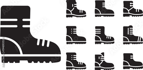 Collection of black boot silhouettes on white background