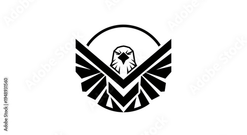 Black and white graphic illustration of a bird with outstretched wings and a circular