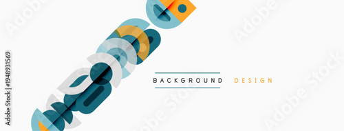 Abstract geometric shapes overlap, creating dynamic visual effect. Light blue, teal, orange hues dominate neutral background. Text reads background design.