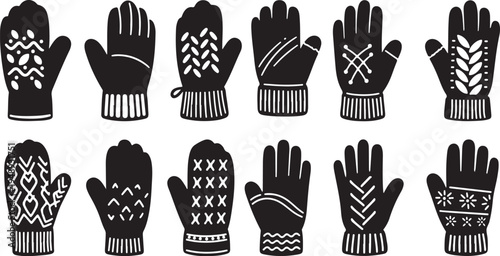 Collection of black and white winter gloves illustrations
