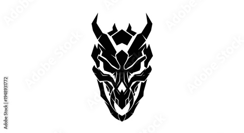Black stencil design of a stylized demon mask on a white background.
