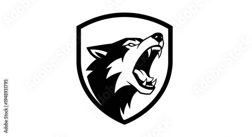 Black and white illustration of a snarling wolf's head inside a shield on a white
