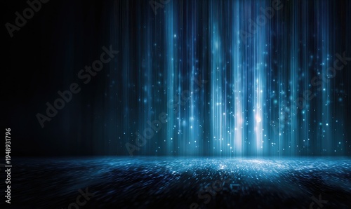 Ethereal blue light streams cascade onto a shimmering, textured floor