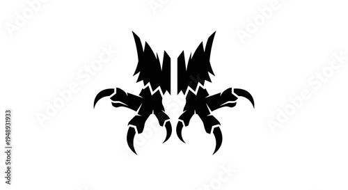 A black graphic illustration of a stylized scorpion on a white background.