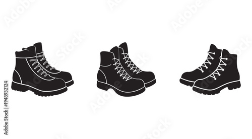 Black silhouette boots collection with white outlines for design and illustration purposes  various styles and angles of footwear  simple icons