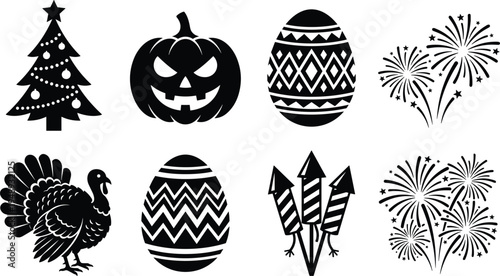 Holiday icons set with Christmas tree, spooky Halloween pumpkin, Easter eggs, Thanksgiving turkey, and celebratory fireworks rockets black vector silhouette illustrations.
