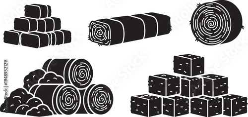 Black and white illustration of various rolled fabric bundles