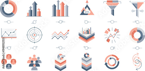 Business Analytics and Marketing Strategy Icon Set with Charts, Funnels, Targets, Team Management, and Data Visualization Elements