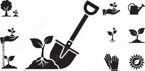 Gardening tools and icons for planting and growth concept