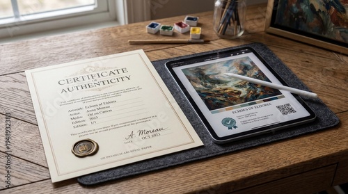 A beautifully arranged display features a certificate of authenticity for a work of art. Nearby, a digital tablet shows vibrant landscape artwork, surrounded by artistic supplies.