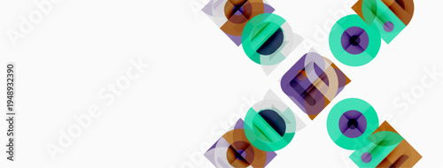 Abstract geometric shapes overlap, creating colorful patterns. Minimalist design with purple, green, brown hues. Clean background.