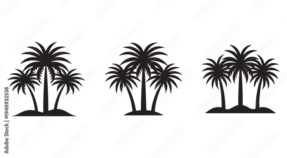 Fototapeta premium Black silhouettes of palm trees on small islands various tropical tree groups landscape design elements