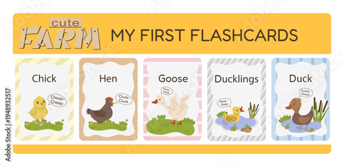Farm Birds Educational Flashcards for Kids with Chicken Duck and Goose