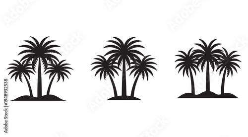 Black silhouettes of palm trees on small islands  various tropical tree groups  landscape design elements